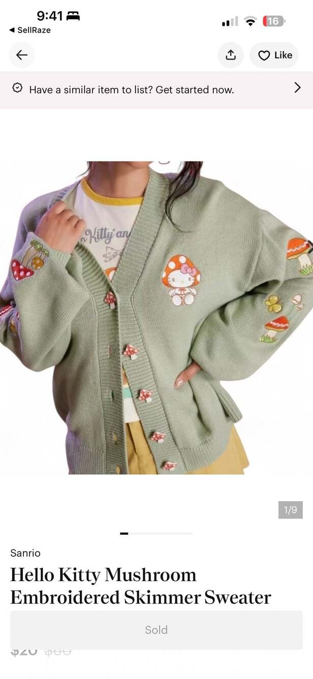 Hot Topic Hello Kitty Mushroom Embroidered Cardigan Sweater Size XL